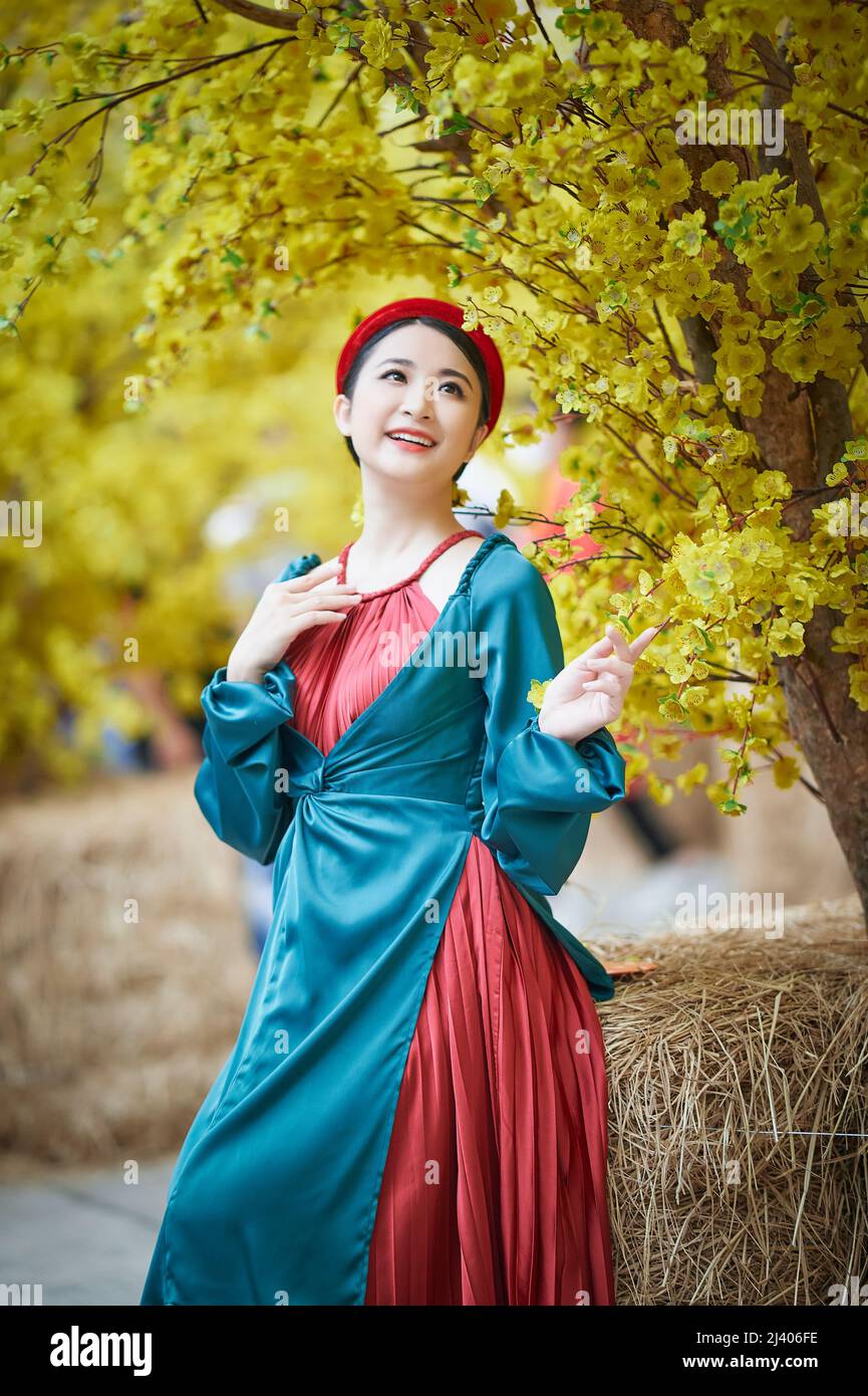 Ho Chi Minh City, Vietnam: Bella ragazza vietnamita in abiti tradizionali per celebrare il nuovo anno lunare Foto Stock