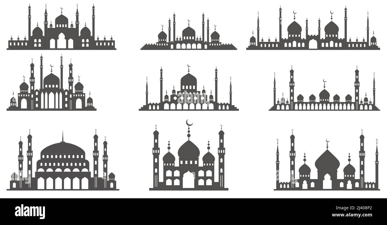 Moschea con silhouette minareti. Architettura islamica sullo skyline. Paesaggio urbano di Istanbul isolato su sfondo bianco. Illustrazione Vettoriale