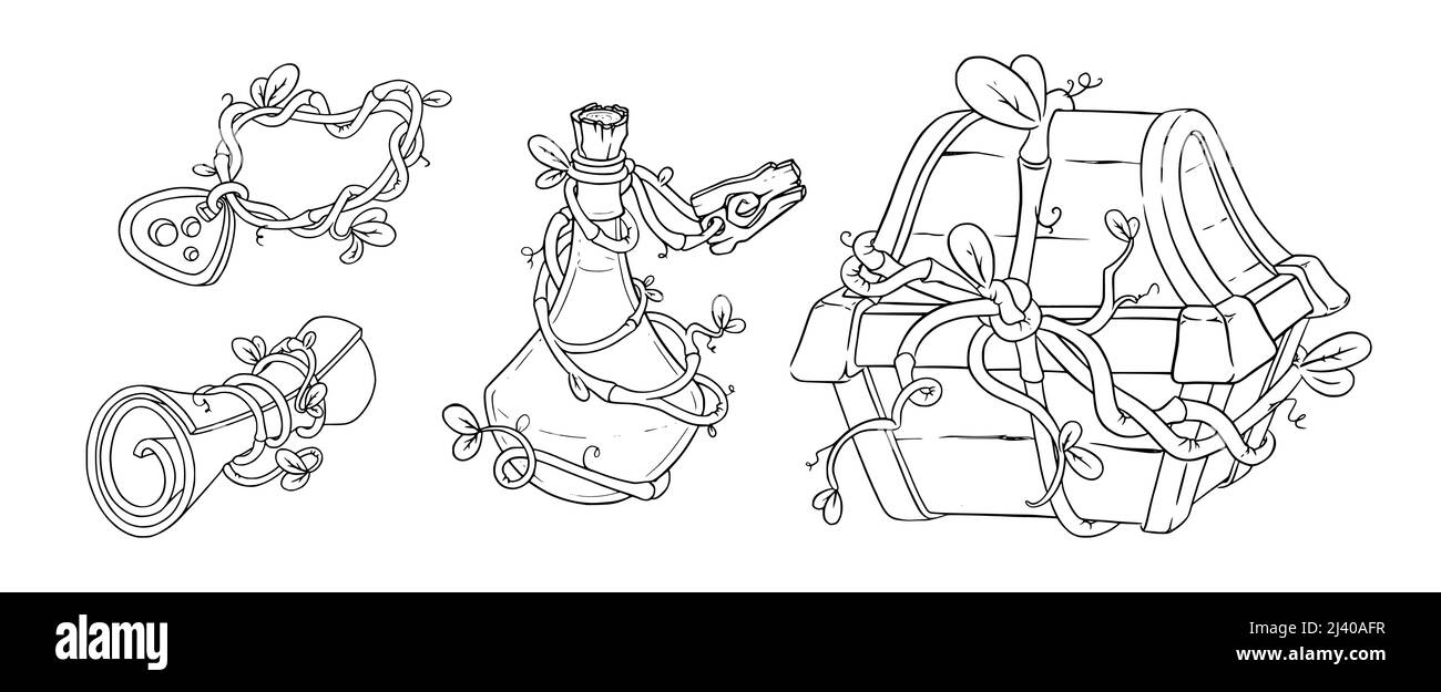 Oggetti di gioco magico con petto, pozione, scorrimento e amuleto. Schizzo di oggetti di gioco druidi. Illustrazione vettoriale isolata su sfondo bianco Illustrazione Vettoriale