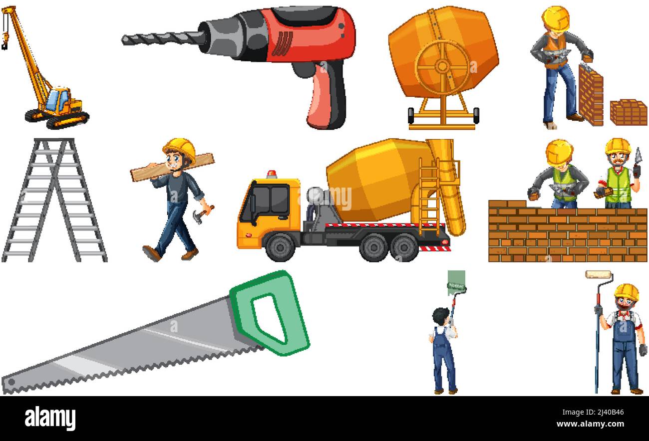Set di oggetti per cantieri e illustrazione dei lavoratori Illustrazione Vettoriale