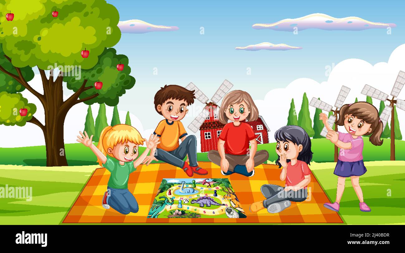 Un paesaggio naturale con bambini che giocano a boardgame Illustrazione Vettoriale