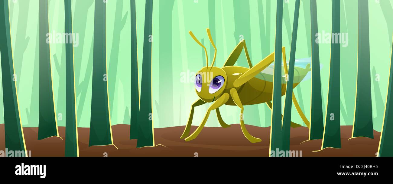Cartoon grasshopper, carino cricket verde o personaggio di locusta con grandi occhi e antenne piccolo insetto seduto sul campo con steli di erba. Allegro smiling bug book o gioco personage, illustrazione Vector Illustrazione Vettoriale