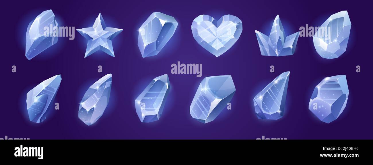 Icone di gioco di cristalli di diamante in forma astratta, stella, cuore e corona. Cartoon vettoriale set di gemme blu lucenti o pietre di vetro, ghiaccio o rhinestone isolato sullo sfondo Illustrazione Vettoriale