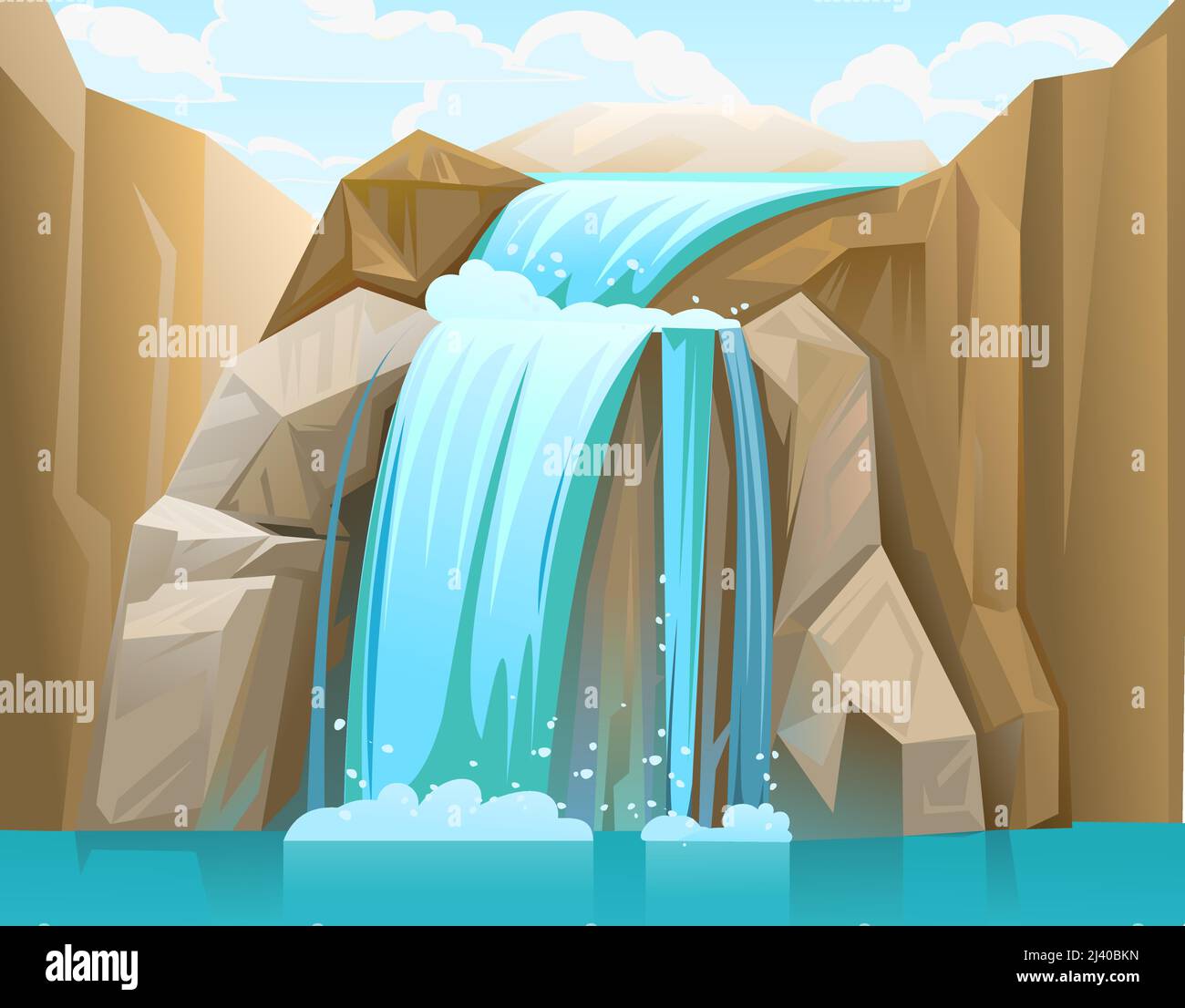 Cascata tra le rocce. Si versa nel lago. La cascata fruscii verso il basso. Flusso d'acqua. Vettore. Illustrazione Vettoriale