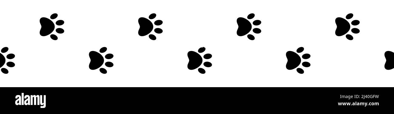 Impronta animale nero vettore senza cuciture pattern. Impronta piede di gatto o cane, isolata su sfondo bianco. Illustrazione Vettoriale