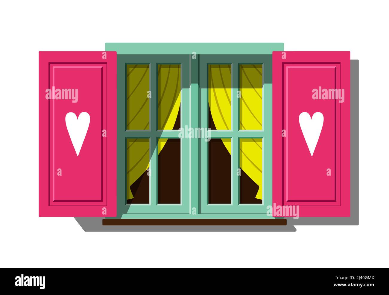 Finestra Vintage con tende e persiane rosa con cuori isolati su sfondo bianco. Aprire l'illustrazione vettoriale a colori piatta della finestra retrospettiva. Illustrazione Vettoriale