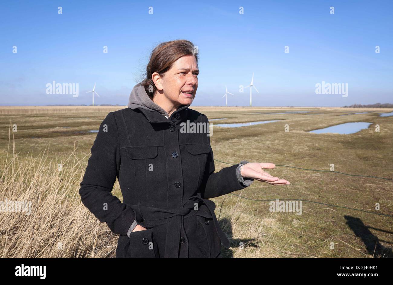 Wyk, Germania. 04th Mar 2022. Angela Ottmann, Bund für Umwelt und Naturschutz Deutschland (BUND) Föhr, sorge in un prato vicino a Wyk, sull'isola del Mare del Nord di Föhr. Sulla spiaggia, gli escursionisti non trovano più solo conchiglie e alghe. Sempre più plastica e altri rifiuti sono mescolati con questo flotsam naturale e jetsam. In molti luoghi, questo può già essere smaltito in appositi contenitori per rifiuti direttamente sulla spiaggia. (A dpa 'Sposa di rifiuti marini sulla spiaggia - Beach cestino ben ricevuto') Credit: Christian Charisius/dpa/Alamy Live News Foto Stock