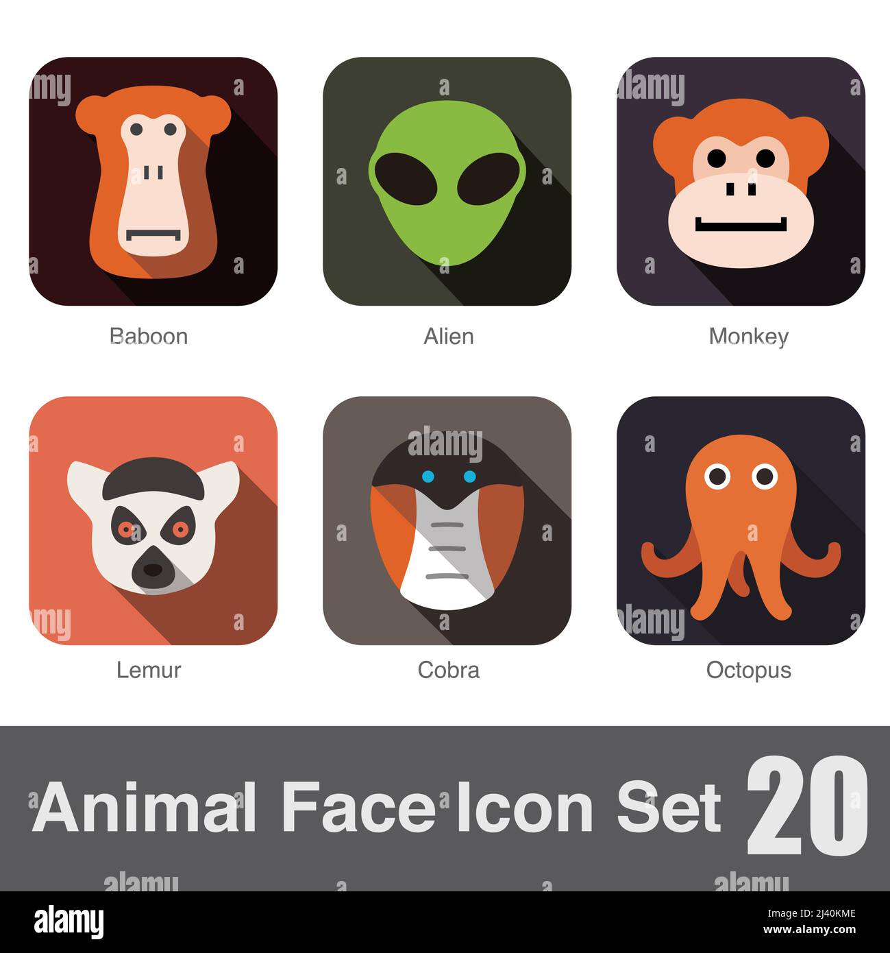 Animale faccia piatta set di icone, illustrazione vettoriale Illustrazione Vettoriale