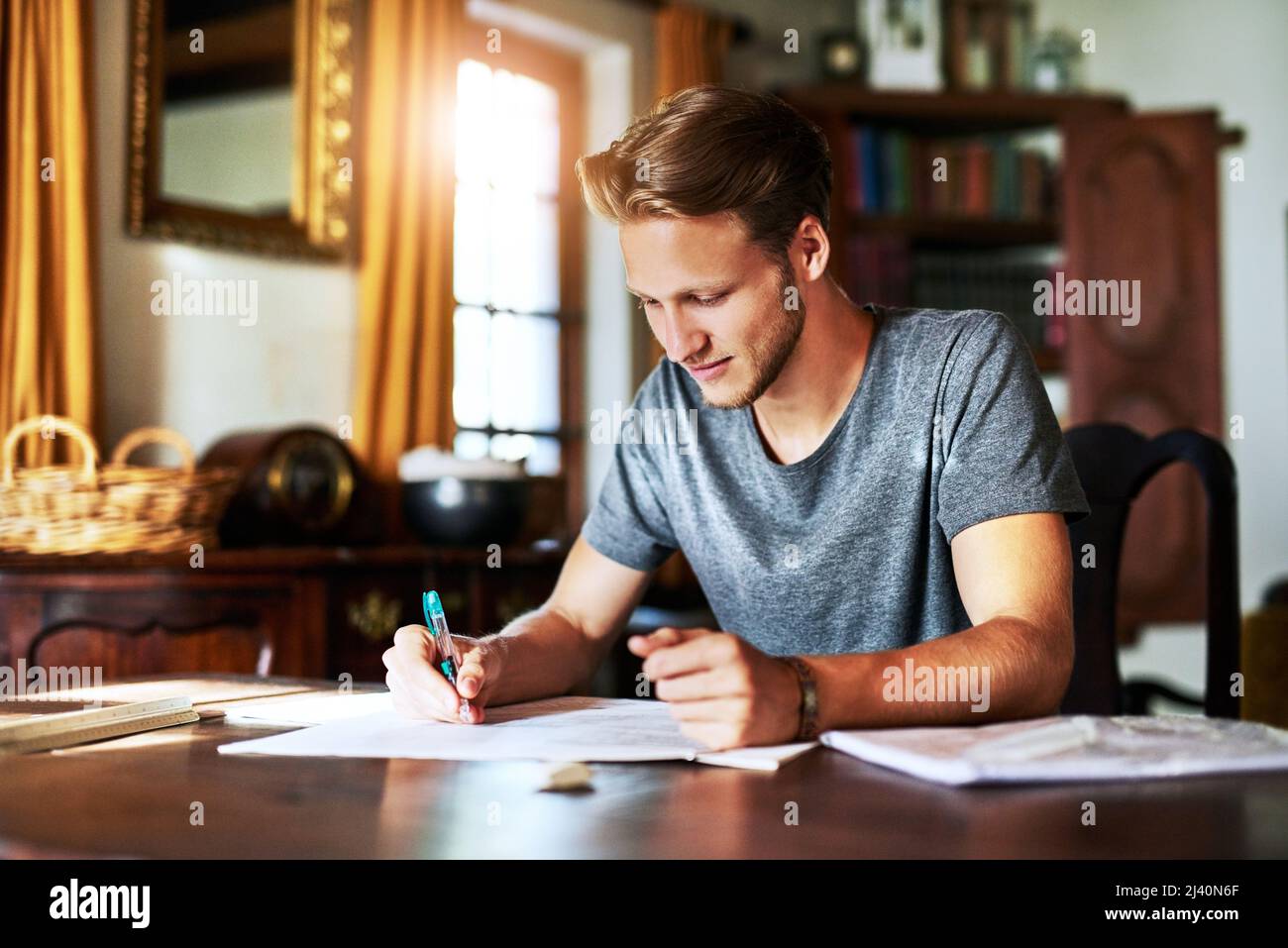 Questo compito non è affatto impegnativo. Scatto ritagliato di un giovane che lavora a un progetto a casa. Foto Stock