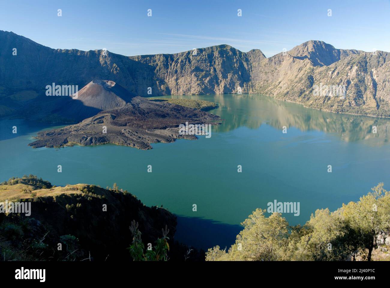 Vista di Danau Segara Anak (Bambini del Lago di Mare) all'interno del cratere di Gunung Rinjani. Anche il cono di scorie conosciuto come Gunung Baru, New Mountain. Foto Stock