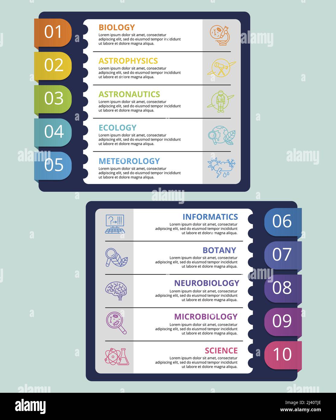 Modello di scienza infografica. Icone in colori diversi. Include scienza, microbiologia, informatica, neurobiologia e altri. Illustrazione Vettoriale