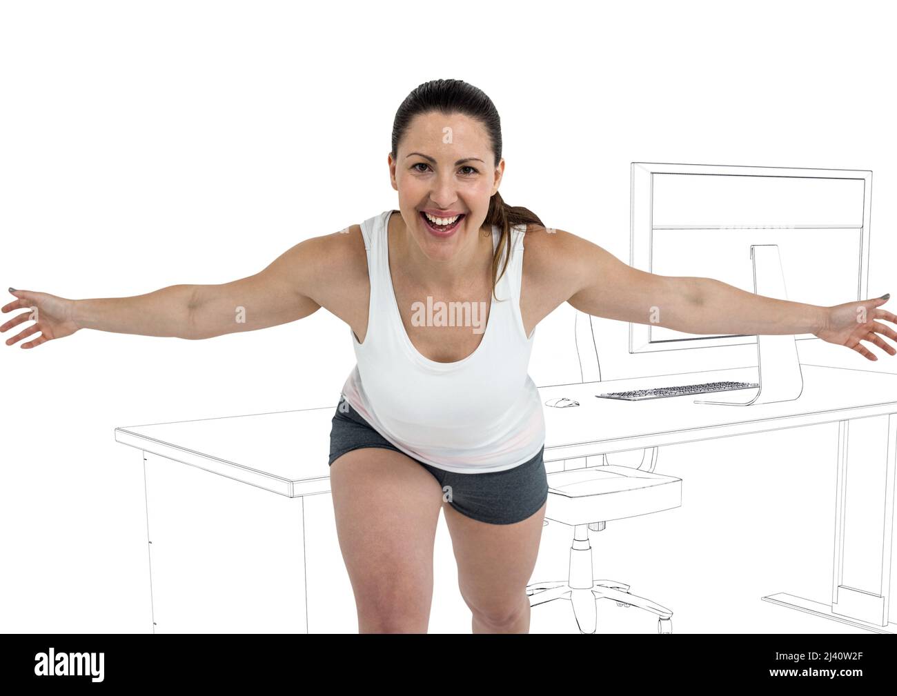 Ritratto di atleta caucasica femminile vincendo una gara contro ufficio sketch su sfondo bianco Foto Stock