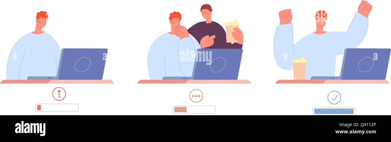 Energia della caffeina. Uomo stanco assonnato bere caffè e diventare più attivo. Ufficio di routine, uomo d'affari e collega. Concetto di vettore responsabile al lavoro Illustrazione Vettoriale