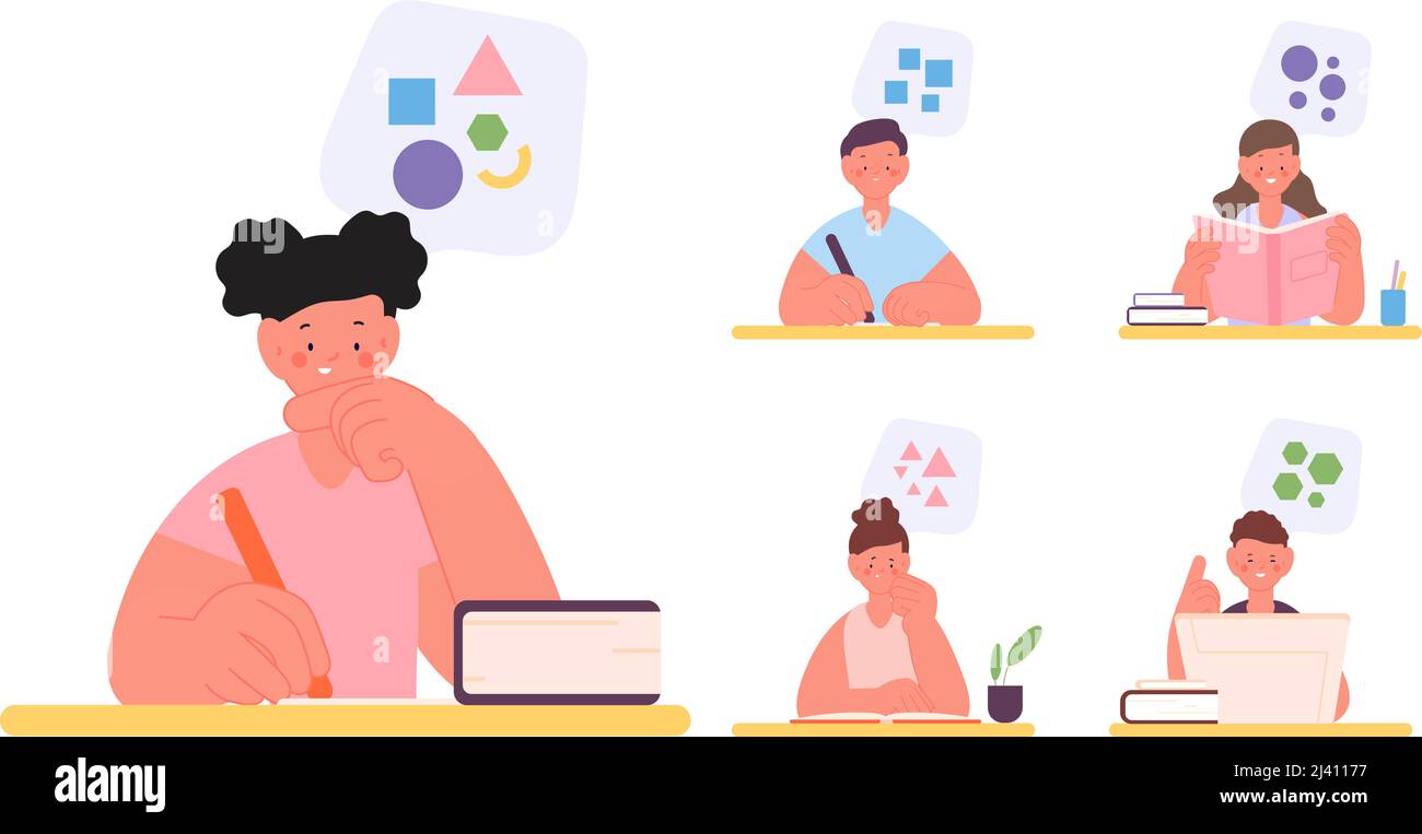 Diversi tipi di pensiero. Logica, creatività, processi mentali astratti e misti. I bambini pensano diversi. Lettura e scrittura degli studenti di cartoni animati, istruzione Illustrazione Vettoriale