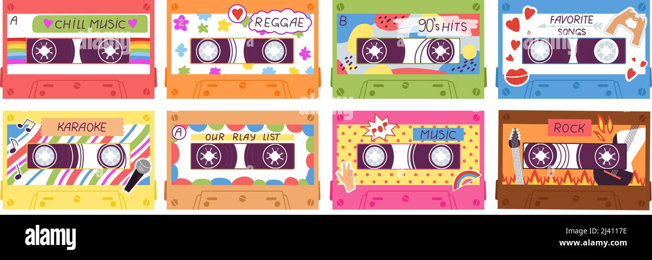 Cassetta. 80s 90s nastri audio, tecnologia di musica retrò. Cartoon flat cassette con adesivi, mix di canzoni, pop hits romantico e discoteca, decente kit vettoriale Illustrazione Vettoriale