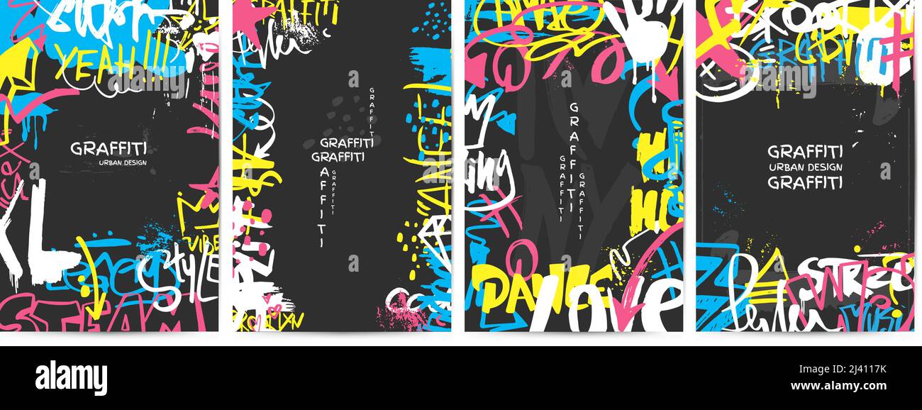 Poster Graffiti. Street Walls art banner, pennarello inchiostro vernice urban design. Colori al neon per disegnare, spruzzare e tracciare elementi. Vettore neoterico in stile cittadino Illustrazione Vettoriale