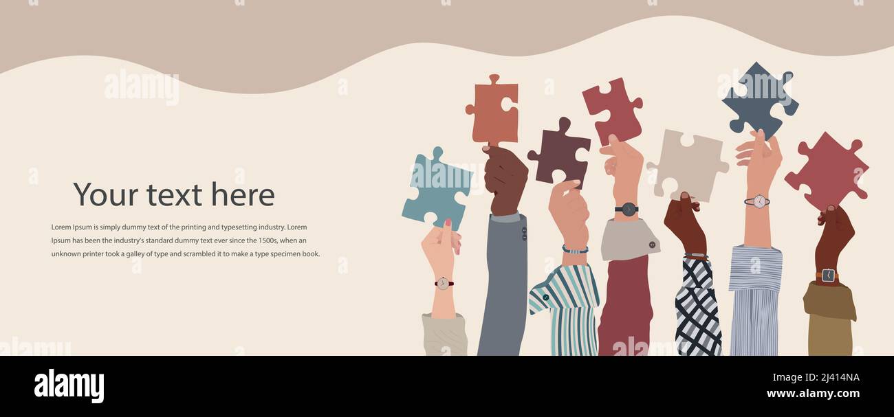 Gruppo di uomini d'affari multiculturali con braccia sollevate che tengono un pezzo di seghetto alternativo. Colleghi di diverse etnie e culture. Collaborazione - squadra Illustrazione Vettoriale Gruppo di uomini d'affari multiculturali con braccia sollevate che tengono un pezzo di seghetto alternativo. Colleghi di diverse etnie e culture. Collaborazione - squadra Illustrazione Vettoriale