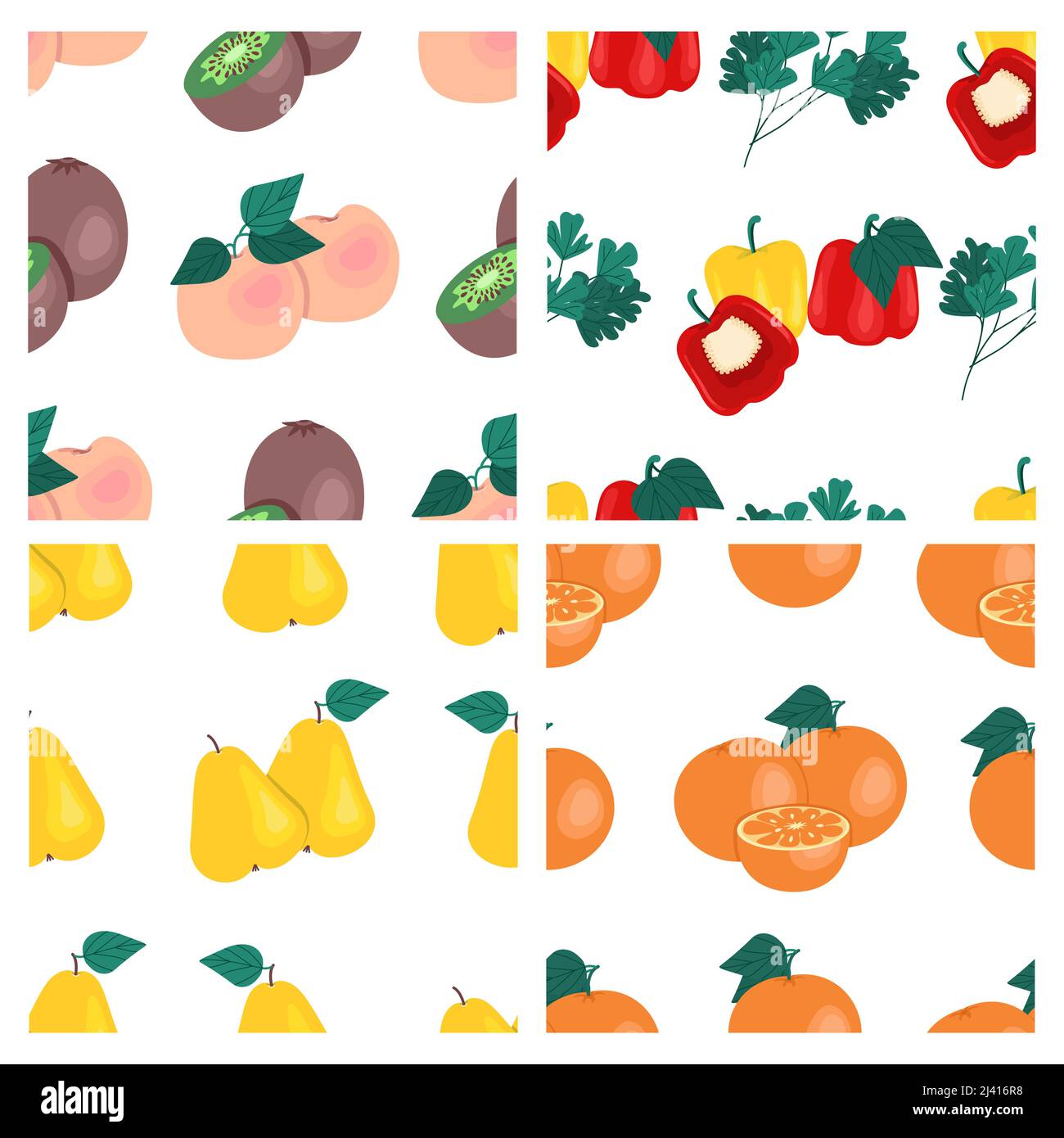 Set di frutta e verdure senza cuciture modelli. Kiwi, pesche, pere, arance, peperoni, prezzemolo, stampe di frutta. Illustrazione vettoriale. Illustrazione Vettoriale
