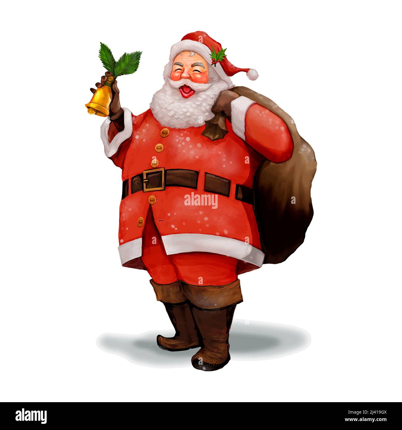 A mano disegnata allegro Babbo Natale con un sacco di regali Foto Stock