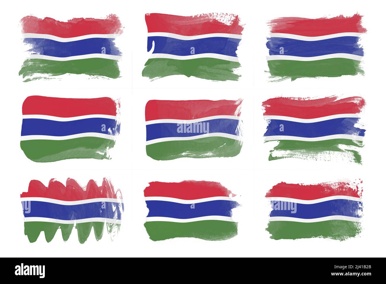 Colpo di pennello bandiera della Gambia, bandiera nazionale su sfondo bianco Foto Stock