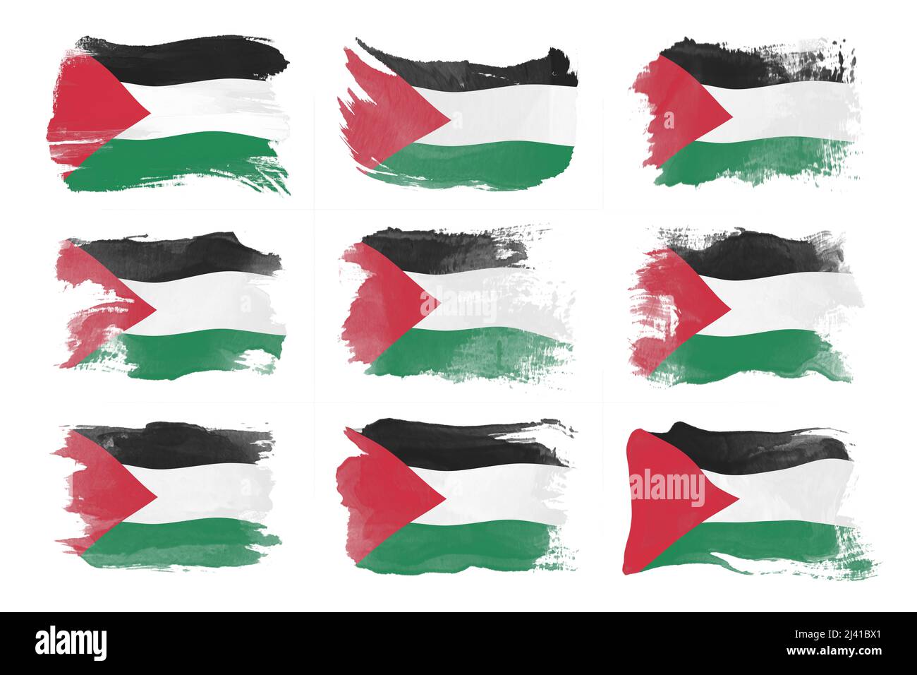 Colpo a pennello della bandiera palestinese, bandiera nazionale su sfondo bianco Foto Stock