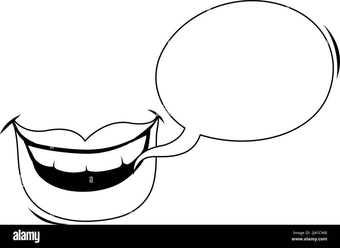 Labbra femminili con bolla del parlato. Pagina di colorazione vettoriale in bianco e nero Illustrazione Vettoriale