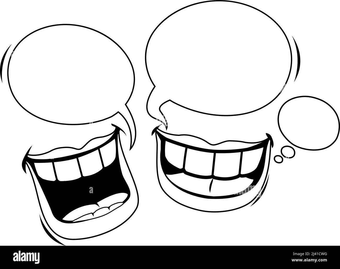 Labbra che parlano e ridono. Pagina di colorazione vettoriale in bianco e nero Illustrazione Vettoriale