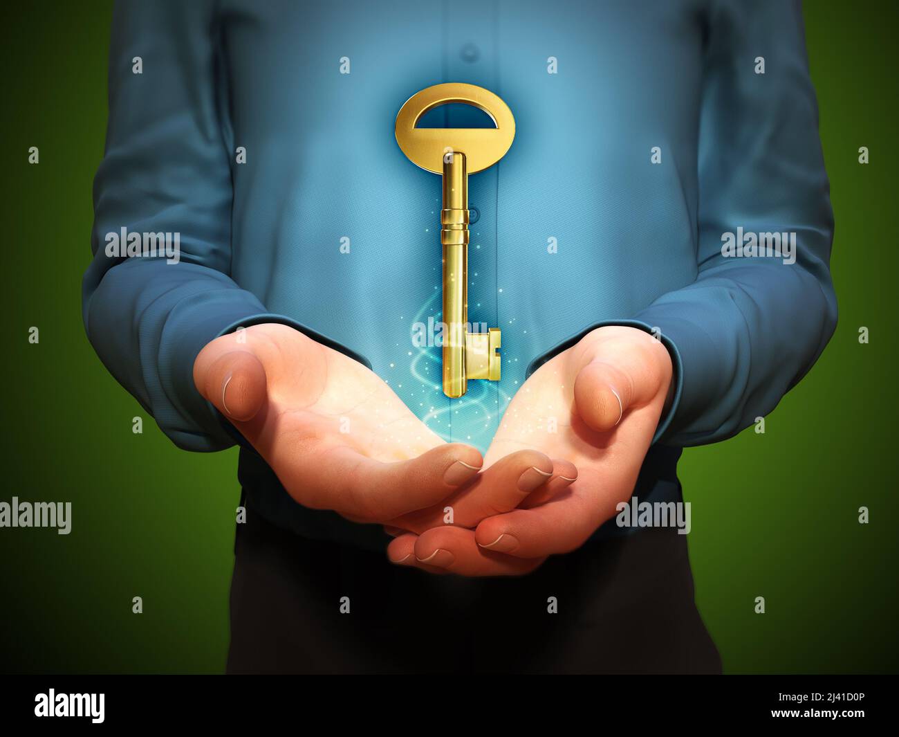 Grande chiave dorata che galleggia sulle mani a tazza di un uomo. 3D illustrazione. Foto Stock
