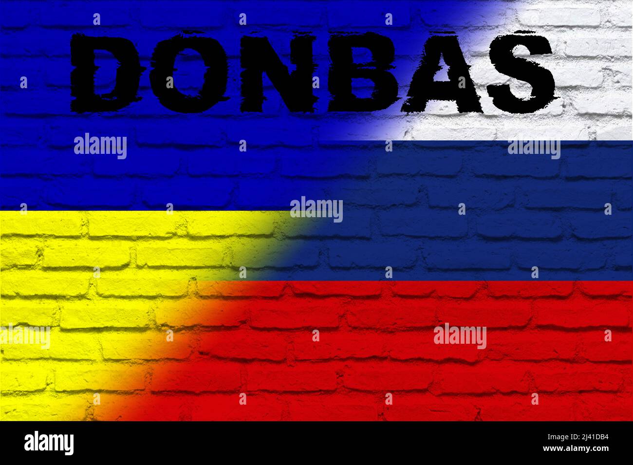 Donbas. Conflitto tra Ucraina e Russia. Immagine della bandiera della Russia e della bandiera dell'Ucraina con la parola Donbas scritta su di essa. Immagine orizzontale Foto Stock