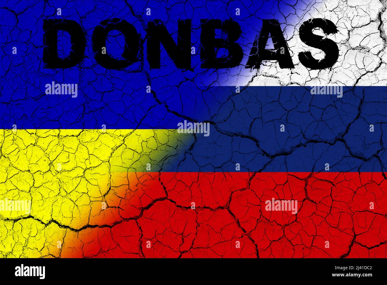 Donbas. Conflitto tra Ucraina e Russia. Immagine della bandiera della Russia e della bandiera dell'Ucraina con la parola Donbas scritta su di essa. Immagine orizzontale Foto Stock