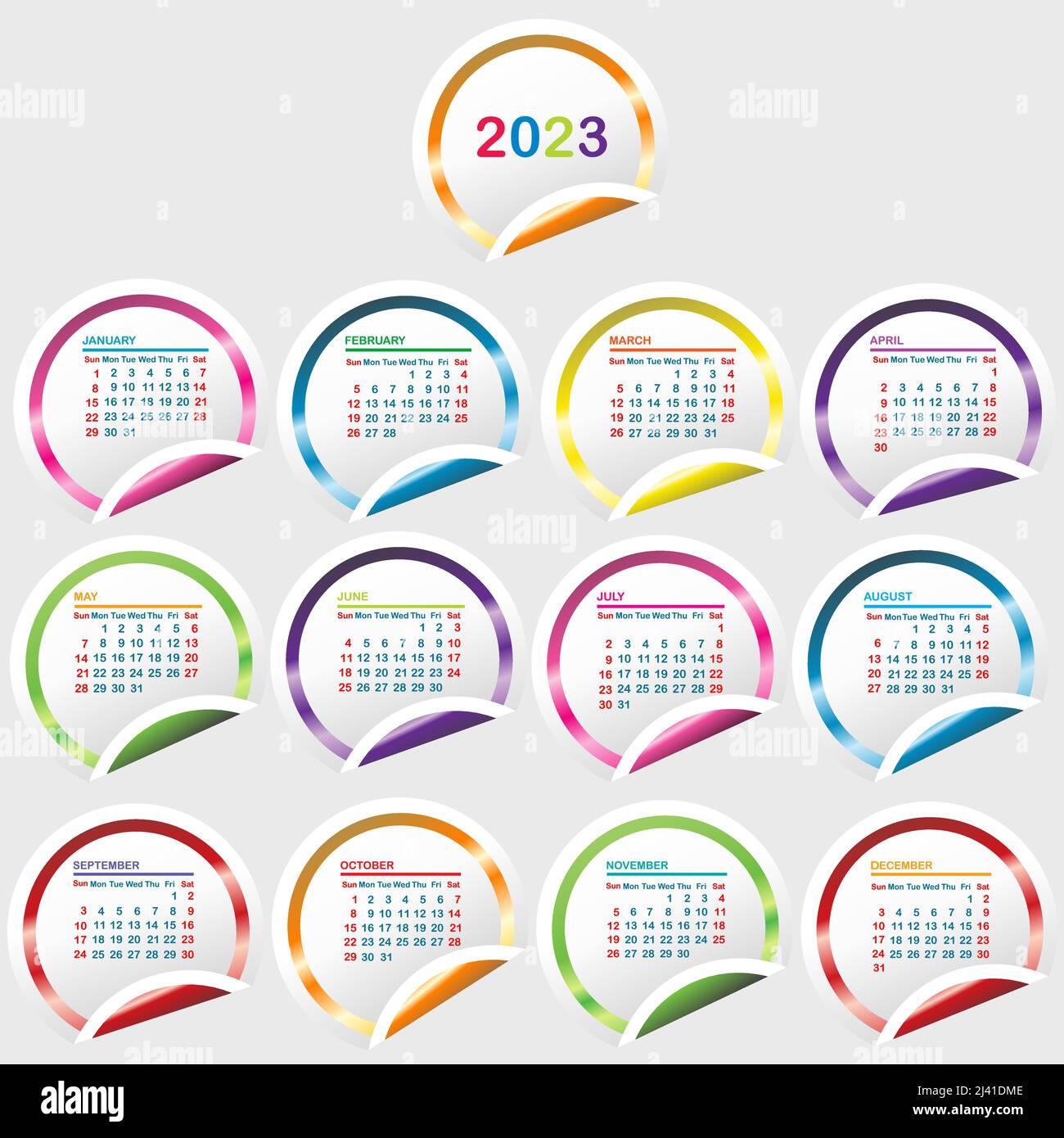 Calendario 2023 con adesivi lucidi rotondi Illustrazione Vettoriale