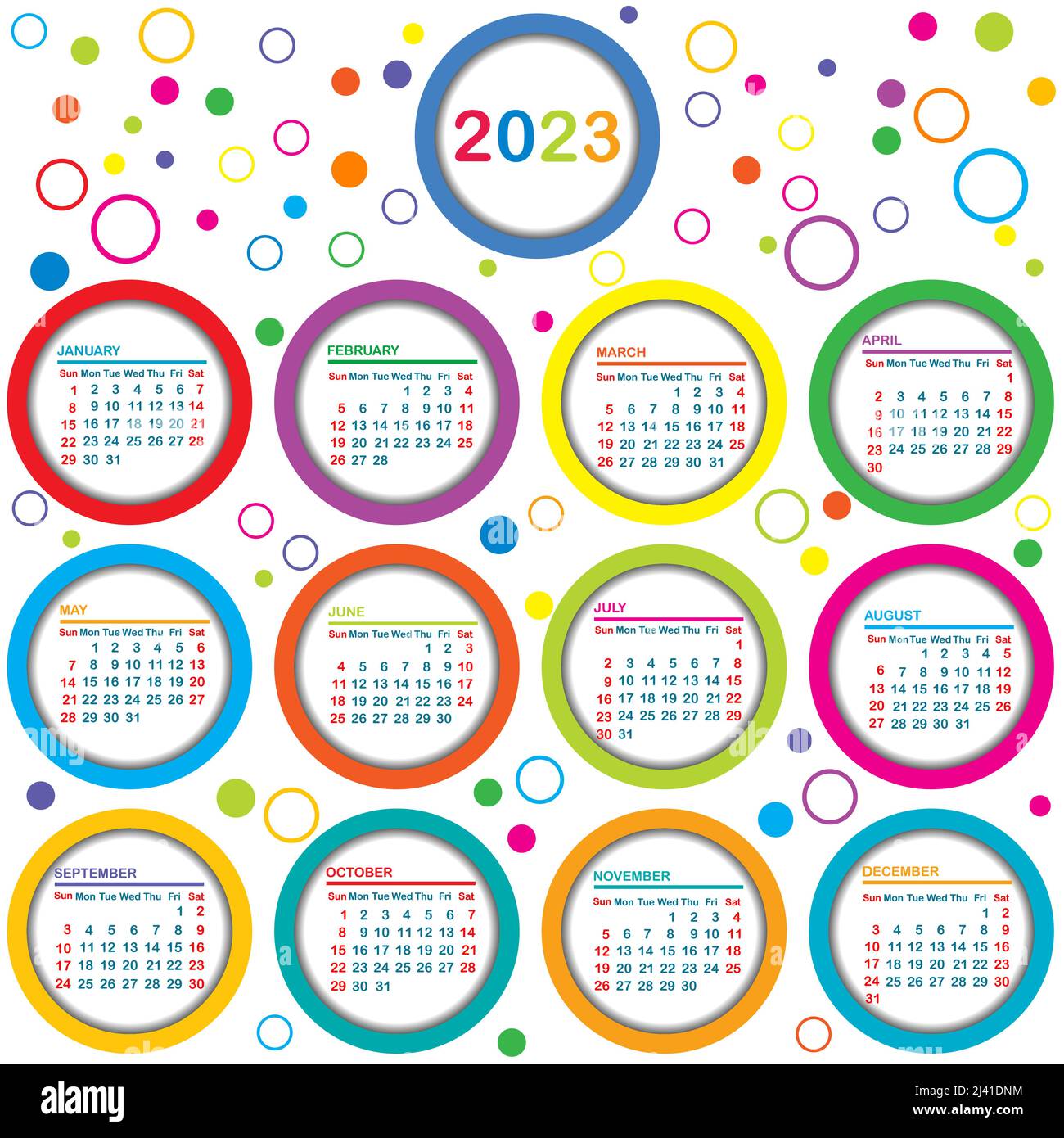 2023 Calendario con cerchi colorati Illustrazione Vettoriale