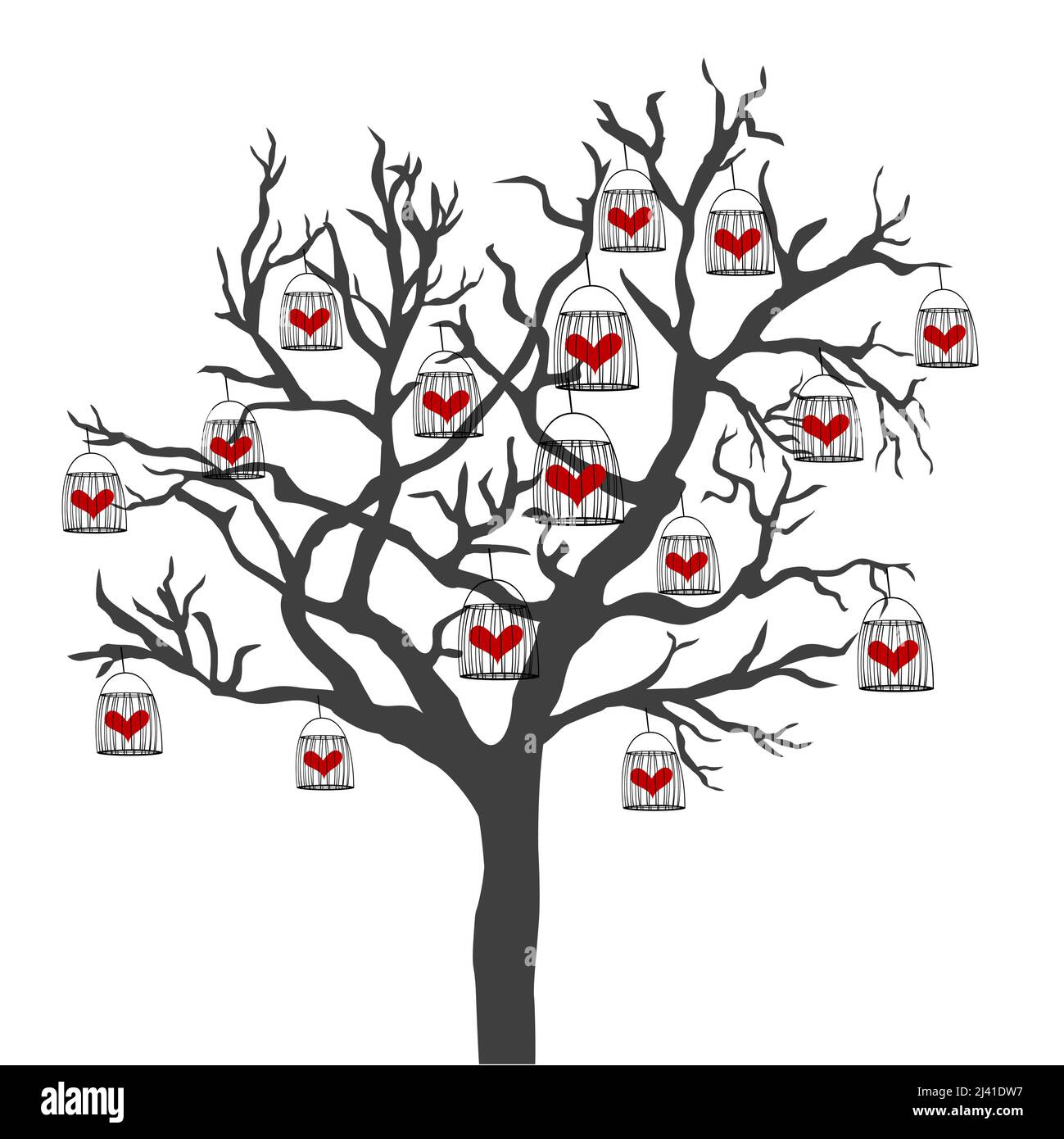 Illustrazione astratta di un albero con gabbie di uccelli che hanno il cuore chiuso in loro Illustrazione Vettoriale