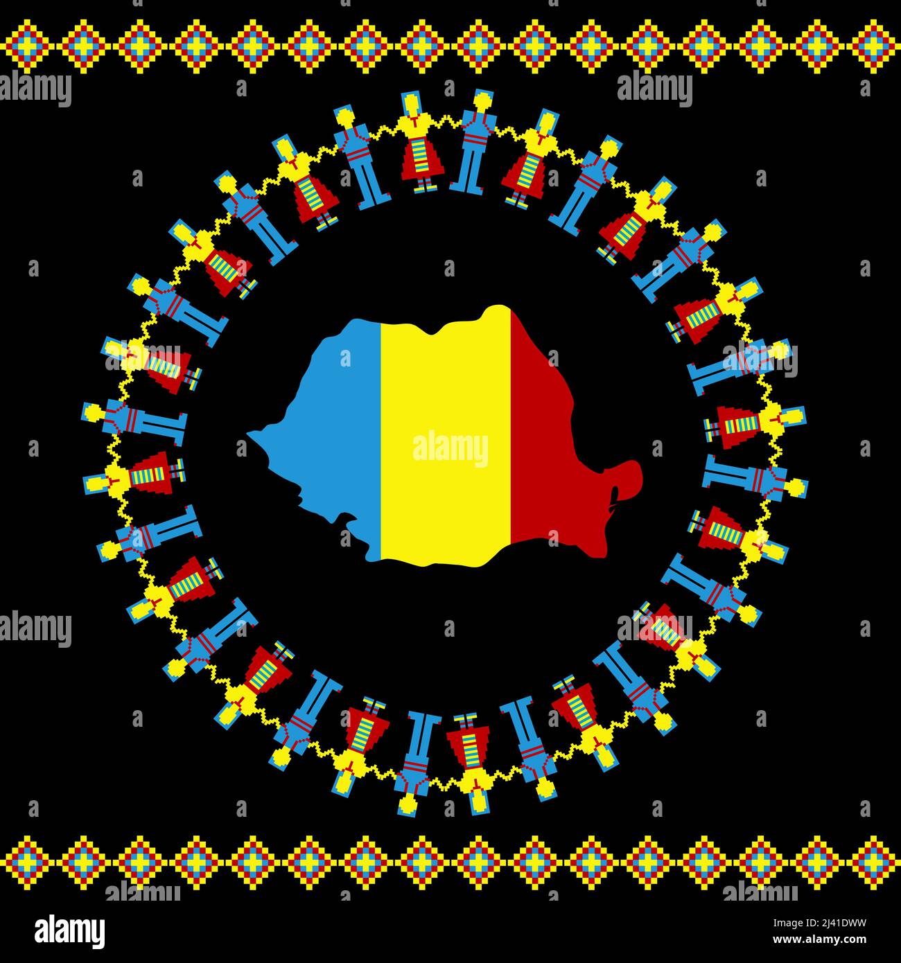 Le persone in colori della bandiera rumena ballano intorno alla mappa della Romania colorata con colori della bandiera Illustrazione Vettoriale