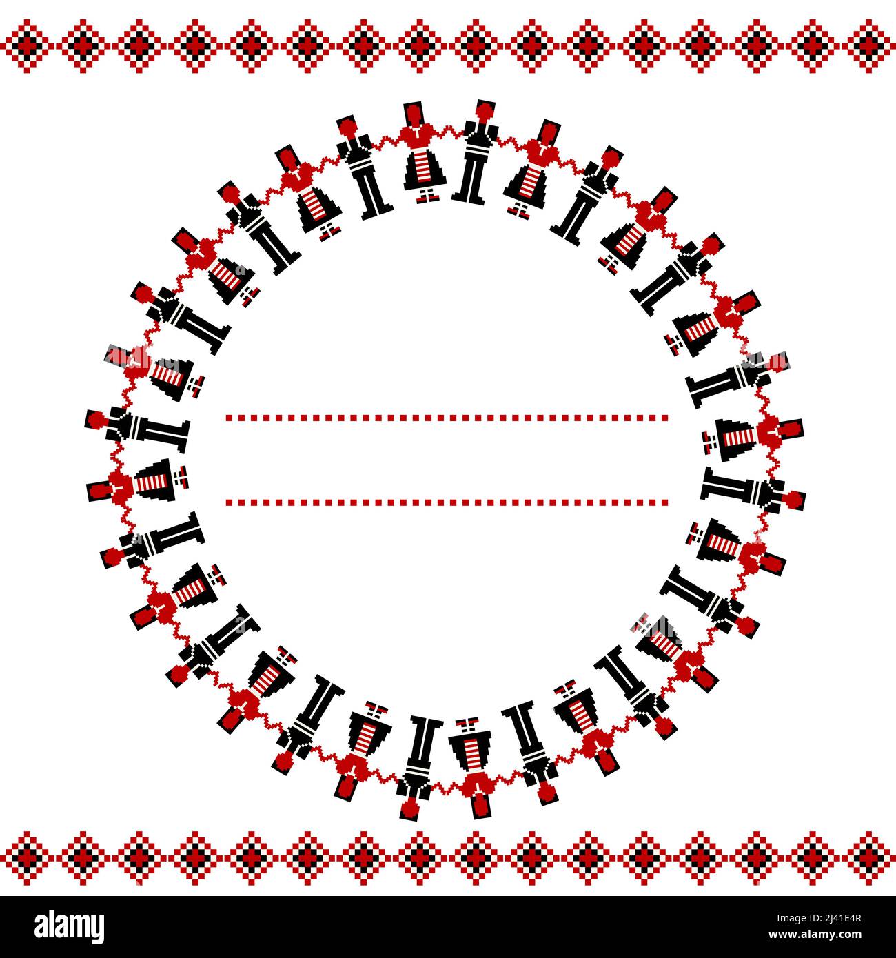 Carta dei motivi etnici con uomini e donne tenere le mani insieme e formare un cerchio Illustrazione Vettoriale