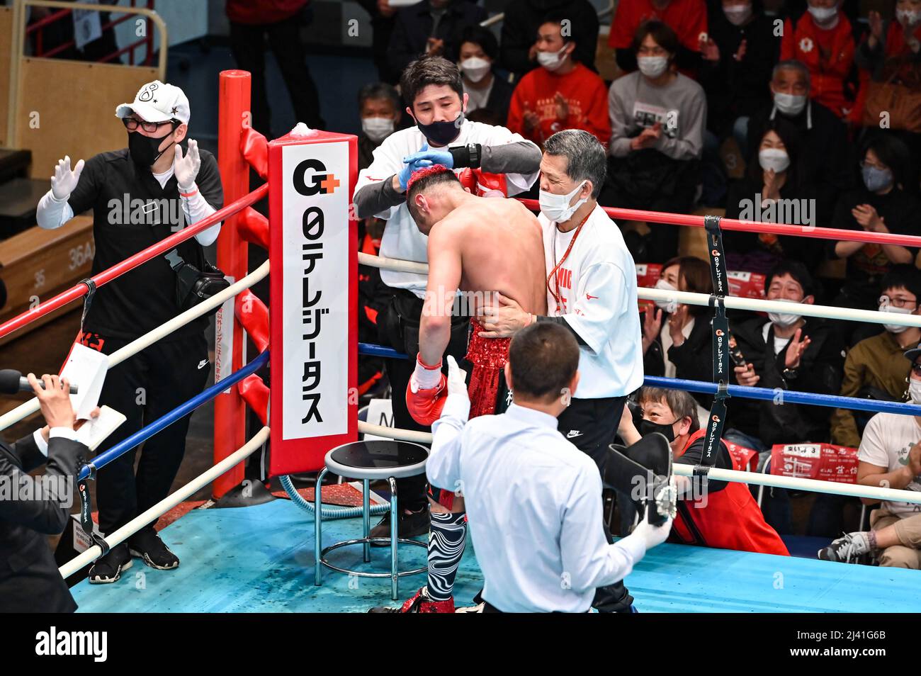 Tokyo, Giappone. 2nd Apr 2022. Makoto Kawasaki (guanti rossi) festeggia con RK Kamata Boxing il presidente della famiglia Kazuhiro Ryuko, a sinistra, trainer Daichi Shibata, seconda a sinistra, e Masaaki Miyata, A destra, come arbitro Yuji Fukuchi, in fondo, detiene la cintura di campionato dopo che ha vinto con una decisione unanime nel vuoto giapponese Super Welterweight titolo bout a Korakuen Hall a Tokyo, Giappone, 2 aprile 2022. Credit: Hiroaki Finito Yamaguchi/AFLO/Alamy Live News Foto Stock