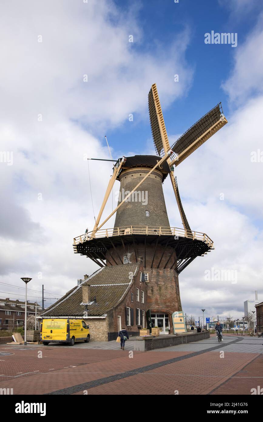 il famoso mulino a vento de roos lato canale a delft olanda Foto Stock