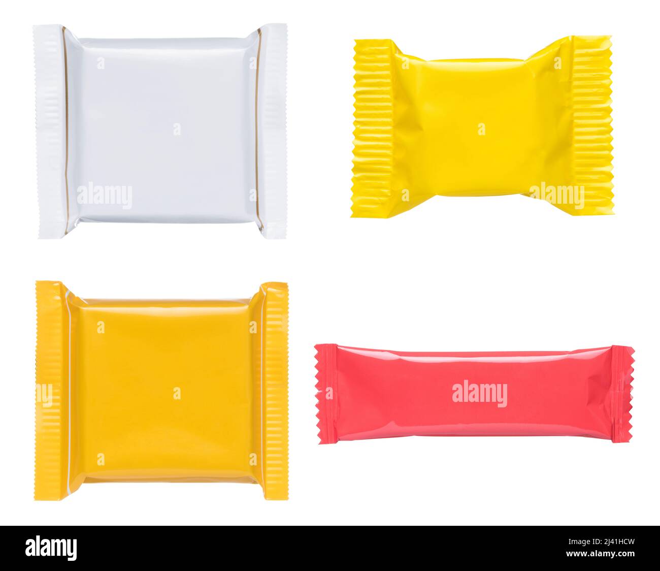 Foglio di plastica bianco busta cibo cioccolato bar caramella sacchetto snack confezione mock-up set isolato su sfondo bianco Foto Stock