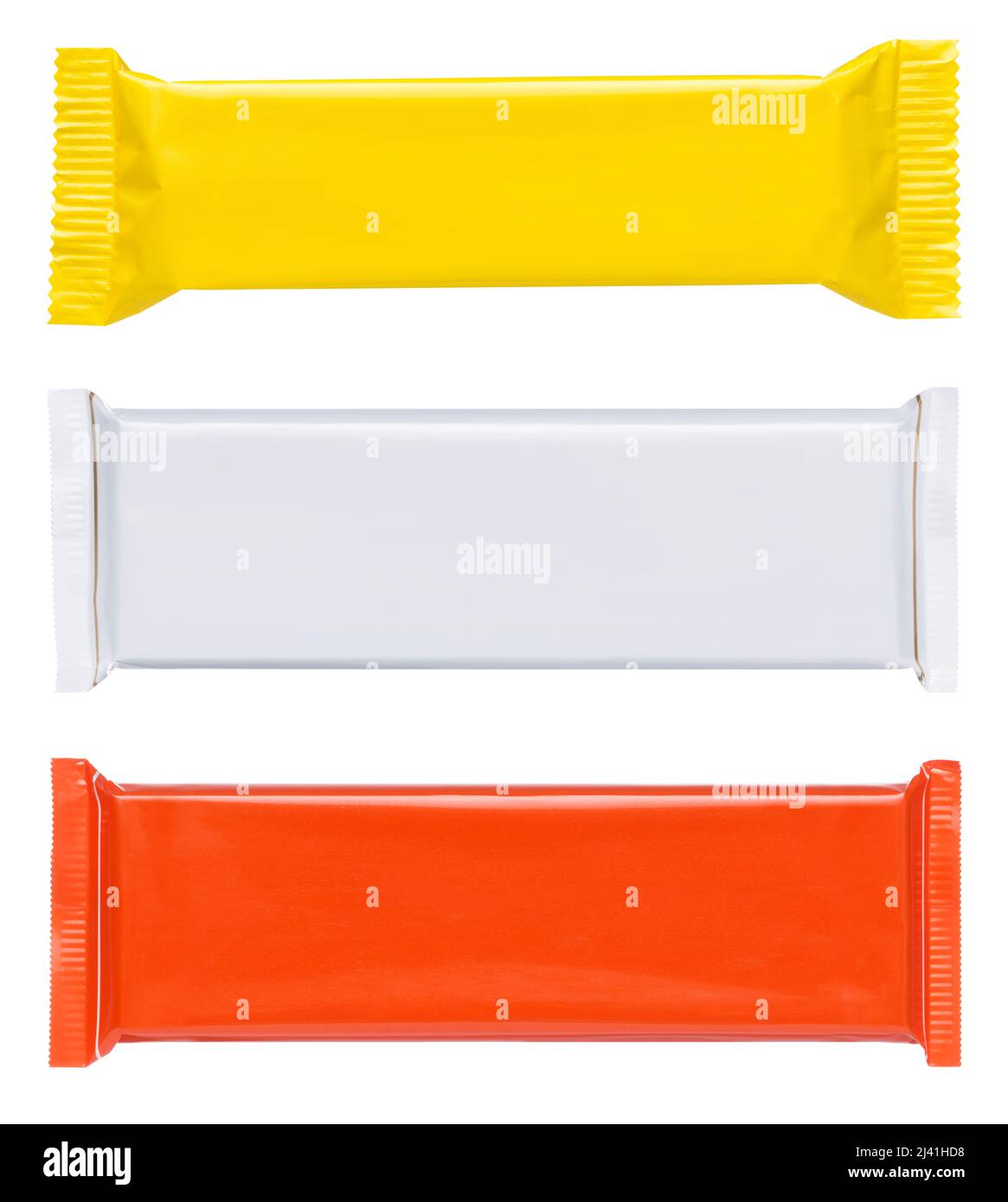 Busta in plastica bianca busta per cibo bars cioccolato confezione snack set isolato su sfondo bianco Foto Stock