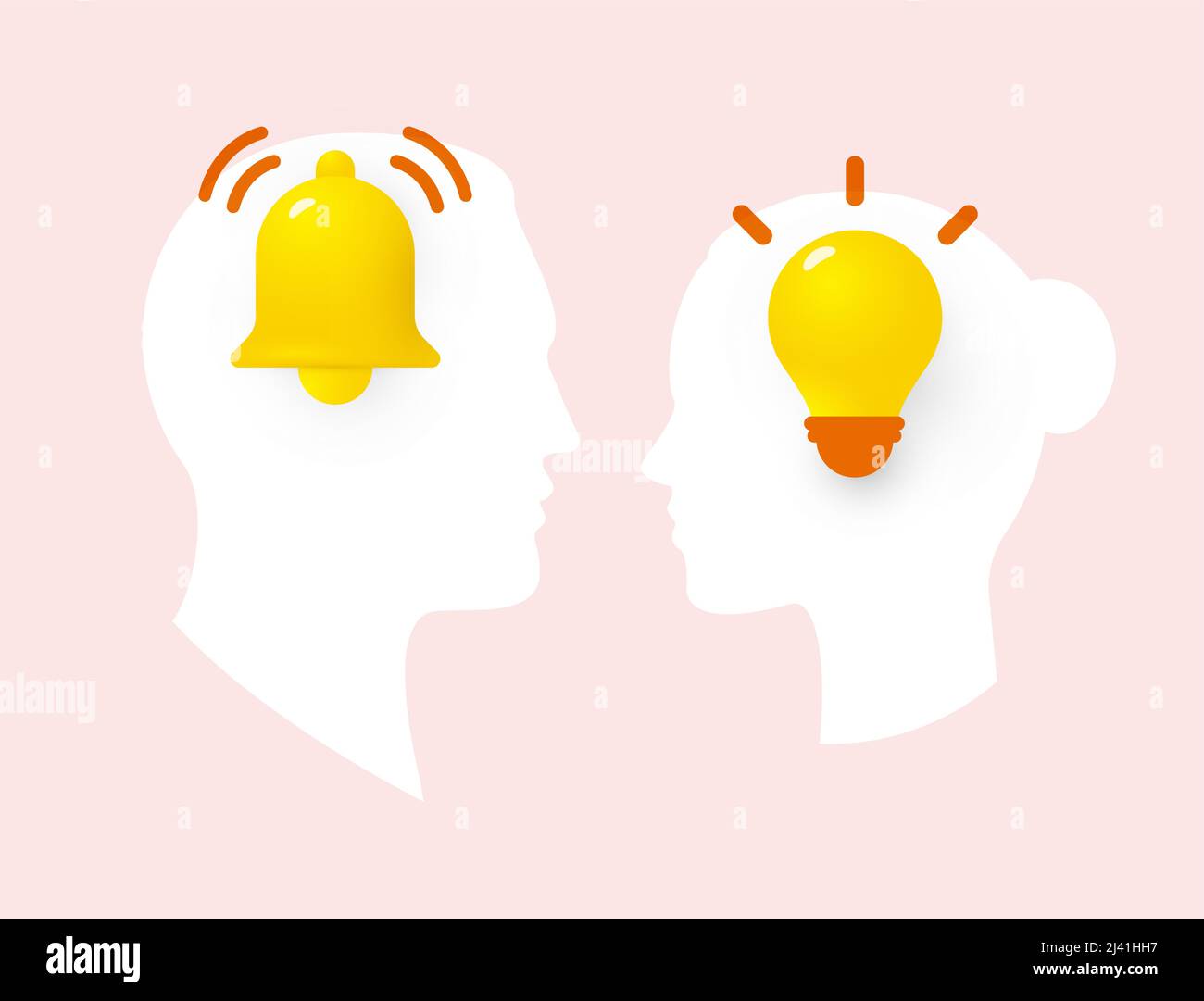 Teste silhouette di maschio e femmina con lampadina, idea simbolo, campane squillo, attacco di panico simbolo. Illustrazione vettoriale Illustrazione Vettoriale