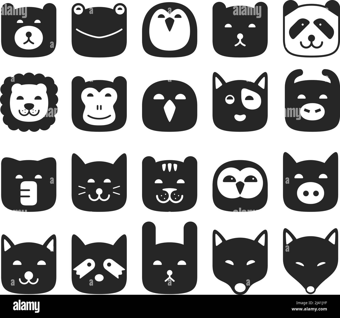 Faccia animale icona piana, come lion, cane, orso. Vettore Illustrazione Vettoriale