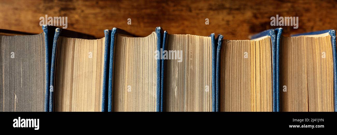Libri vecchi su una panoramica scaffale. Letteratura classica in una libreria di seconda mano. Concetto di lettura romanzi, banner panoramico Foto Stock