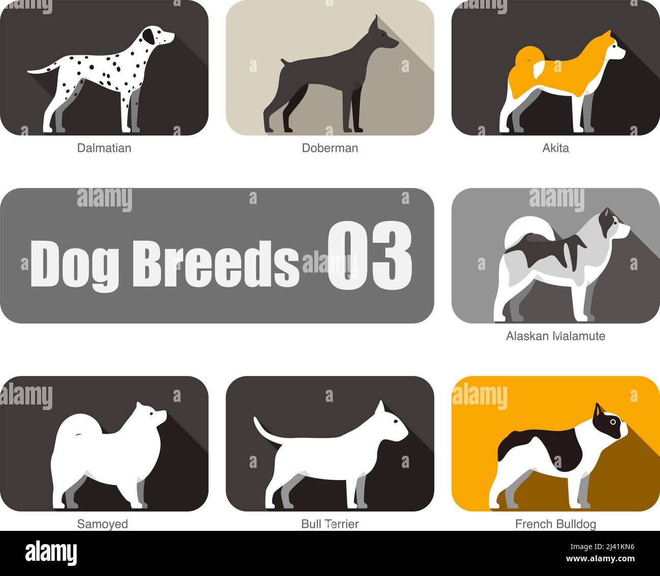 Razze di cani, in piedi a terra, vista laterale, illustrazione vettoriale, serie di immagini di cartoni animati di cani Illustrazione Vettoriale