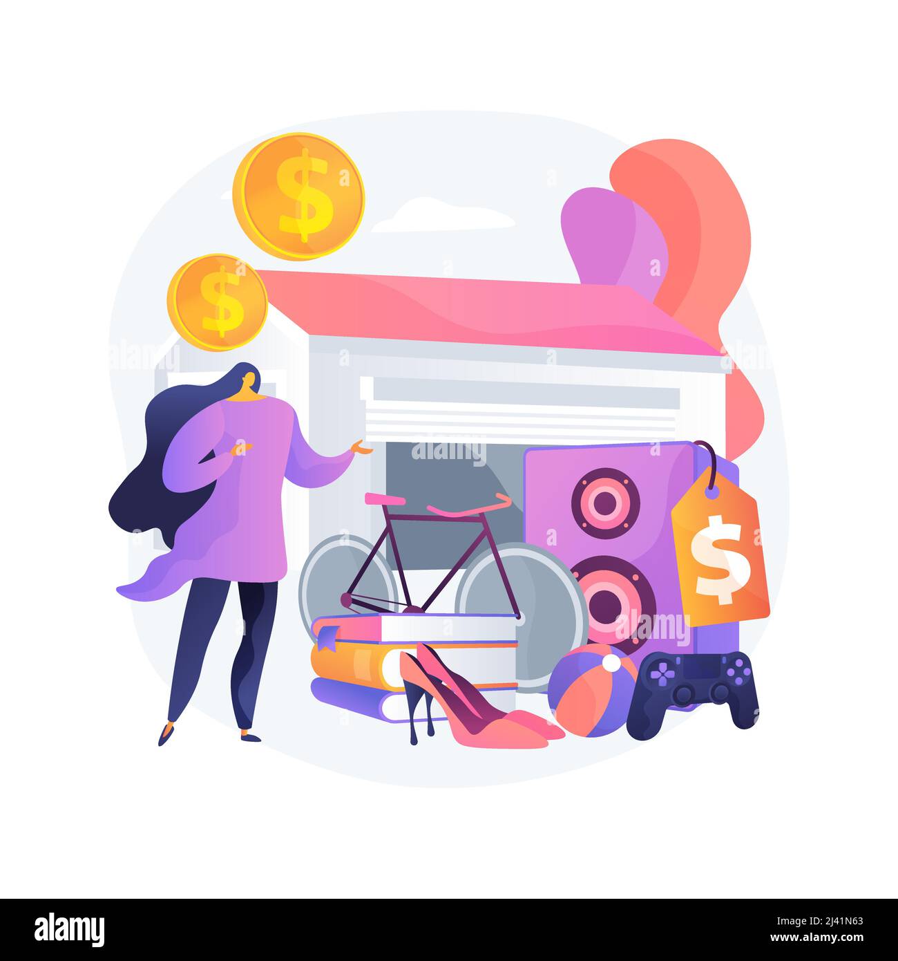 Garage vendita concetto astratto illustrazione vettoriale. Mercato delle pulci, beni di seconda mano, garage giorno di vendita, vintage abbigliamento dare via, usato inventario, cantiere Illustrazione Vettoriale