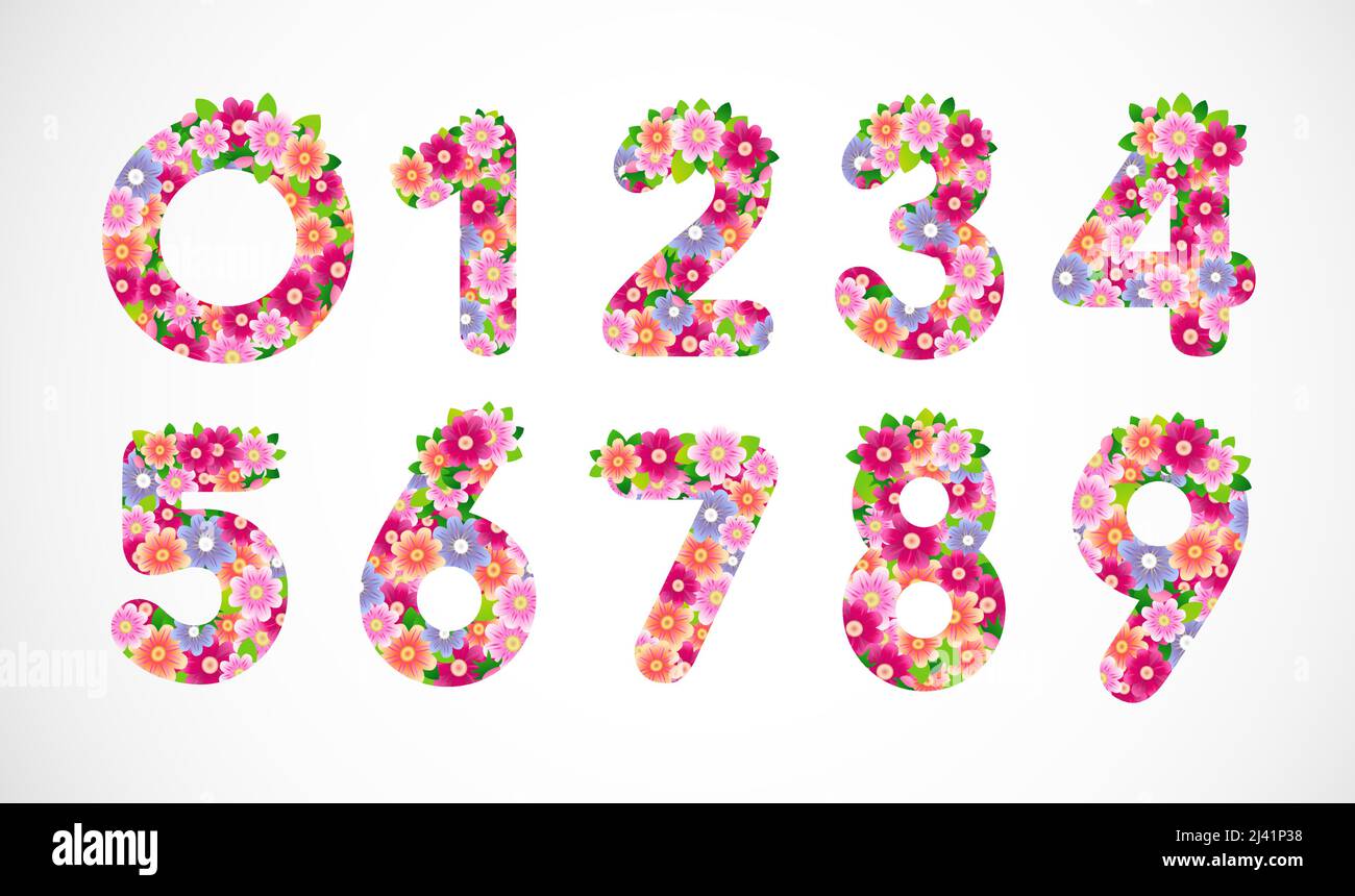 Collezione di numeri floreali. Cifre creative e decotative di colore rosa. Modello grafico astratto isolato. Stile semplice. Set di primavera ed estate Illustrazione Vettoriale