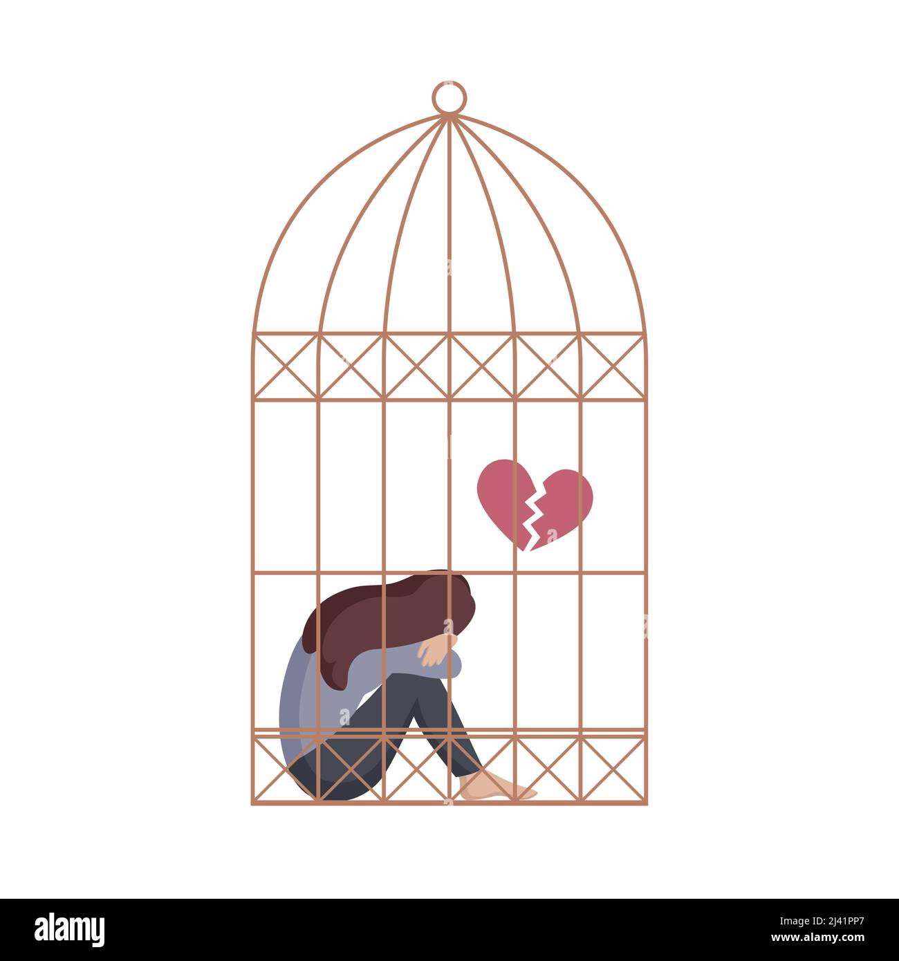 Ragazza solitaria depressa con cuore rotto seduto in una gabbia illustrazione vettoriale EPS10 Illustrazione Vettoriale