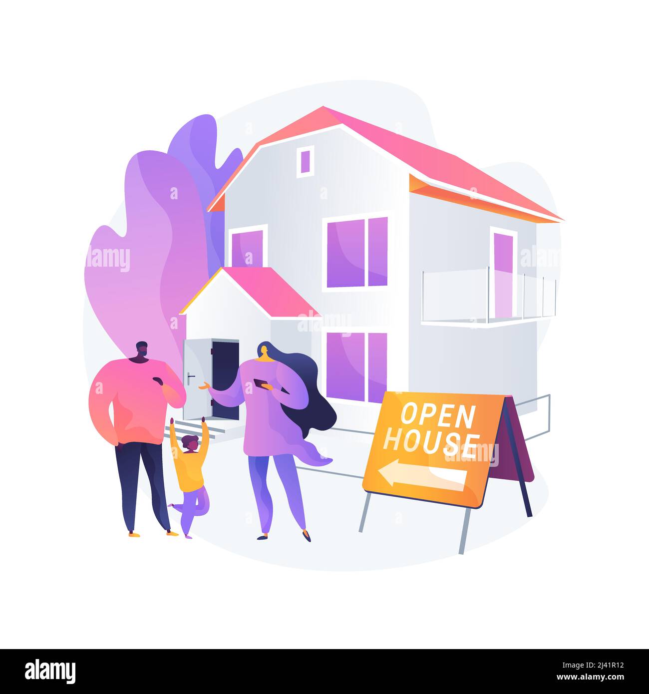 Open house abstract concept vettoriale illustrazione. Aperto per ispezione proprietà, casa in vendita, servizio immobiliare, potenziale acquirente, walk through, hous Illustrazione Vettoriale