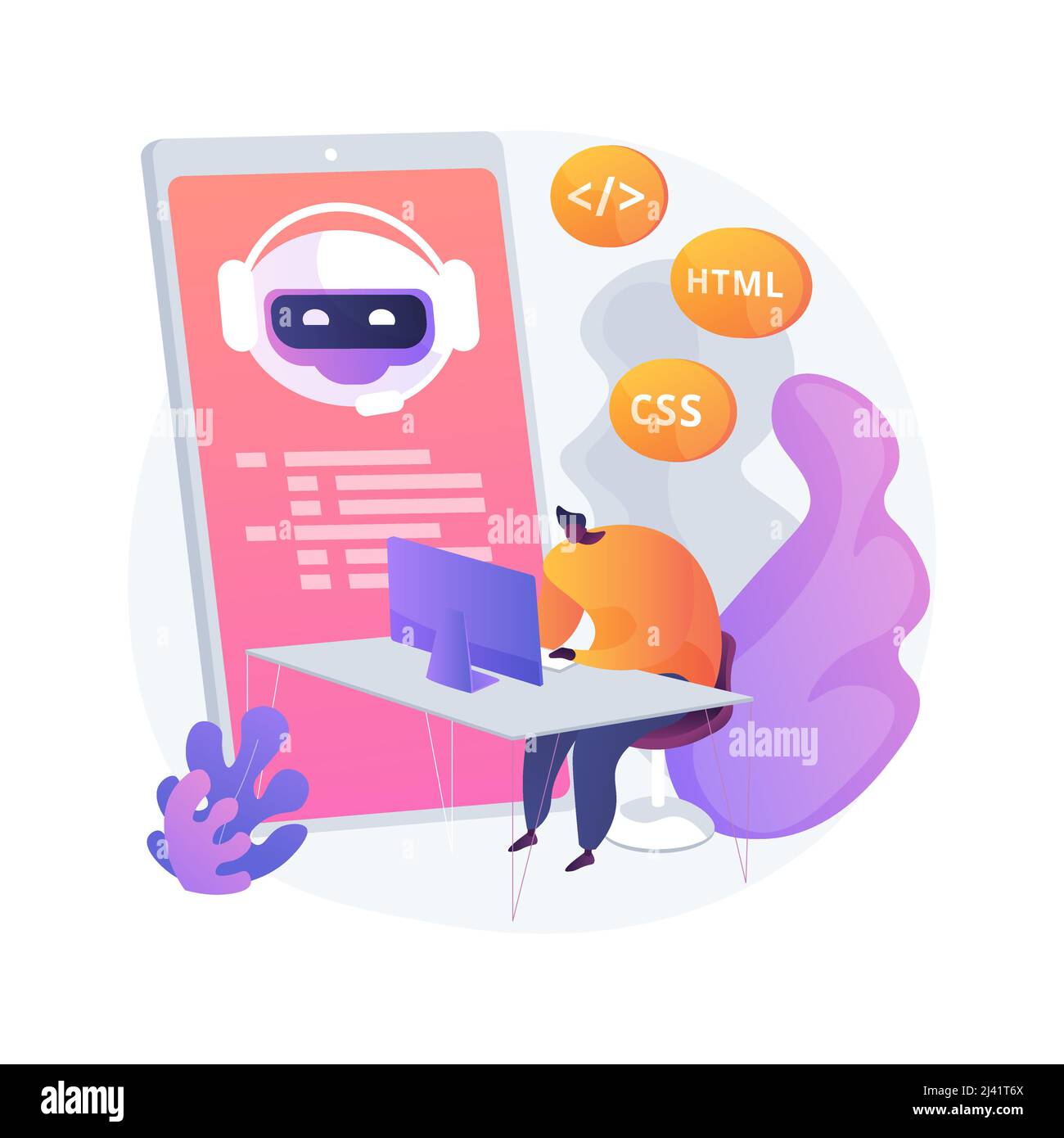 Sviluppatore Java. Software per smartphone. Codifica JavaScript, applicazione di scrittura, programmazione css. Manomissione del codice sorgente HTML. Programma mobile. Isola vettore Illustrazione Vettoriale