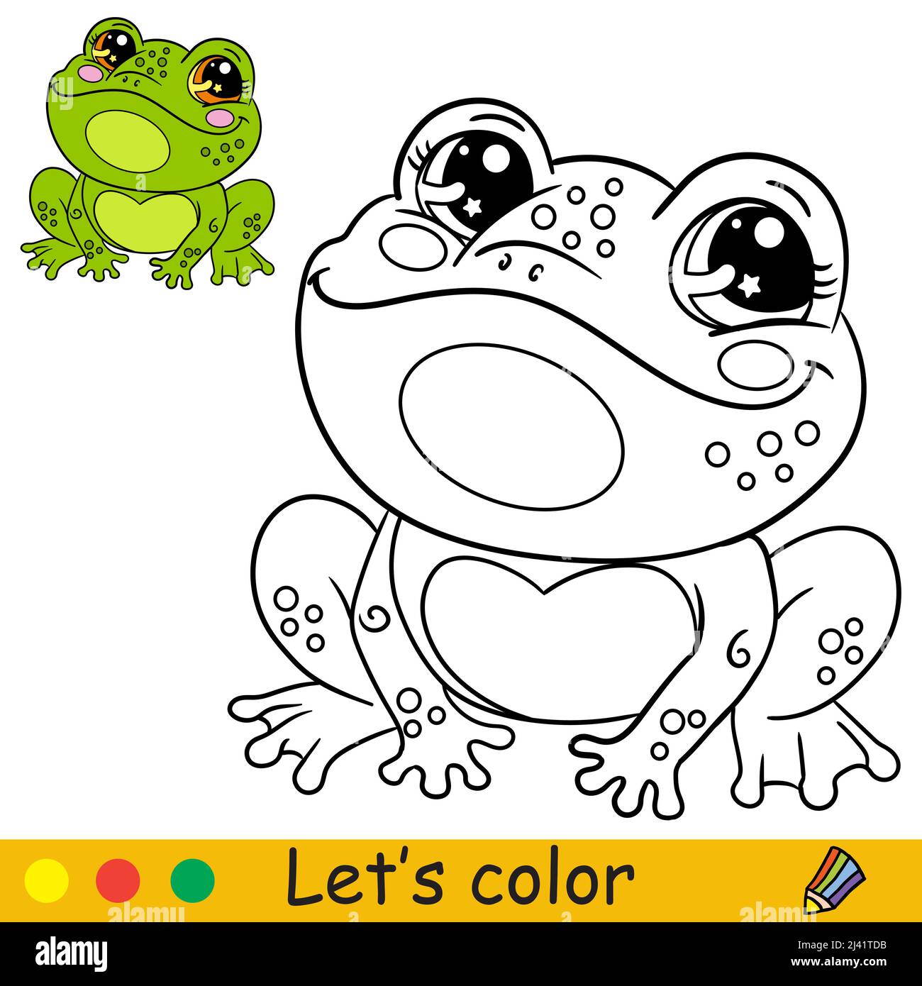 Cartoon carino e felice rana. Colorare la pagina del libro con il modello colorato per i bambini. Illustrazione isolata dal vettore. Per colorare libri, stampe, giochi, feste, Illustrazione Vettoriale