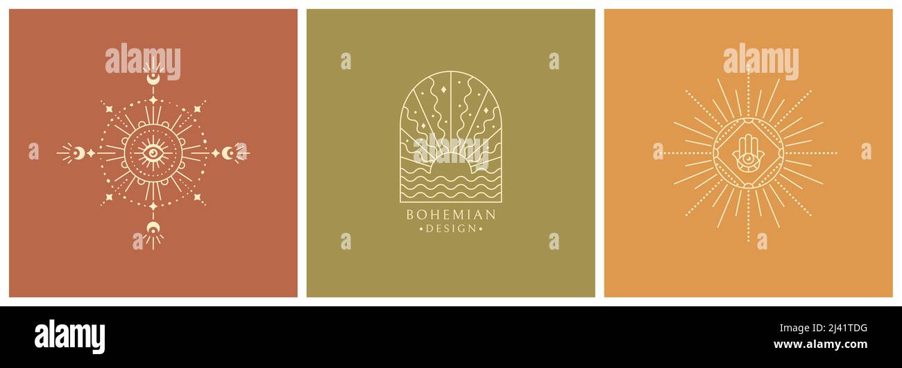 Logo boho. Simboli di linea trendy per magia, esoterica, celeste, astrologia, alchimia, guarigione spirituale, e altri concetti. Emblemi isolati vettoriali. Illustrazione Vettoriale